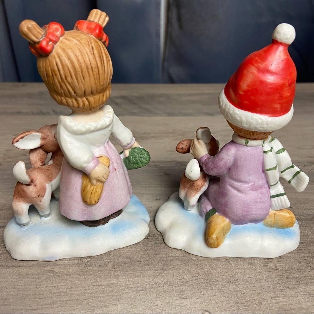Vintage Hand painted, Lefton, Holiday Figurine Set W/ girl and boy w/ Fawn, 5” - Picture 5 of 9